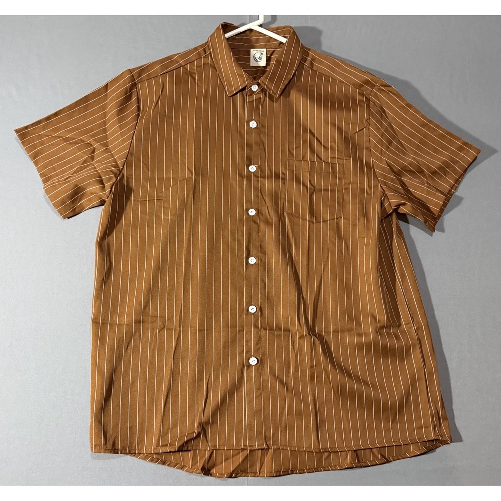 Hardaddy Men's Button Up Shirt Large Brown Striped EUC Short Sleeve Pocket